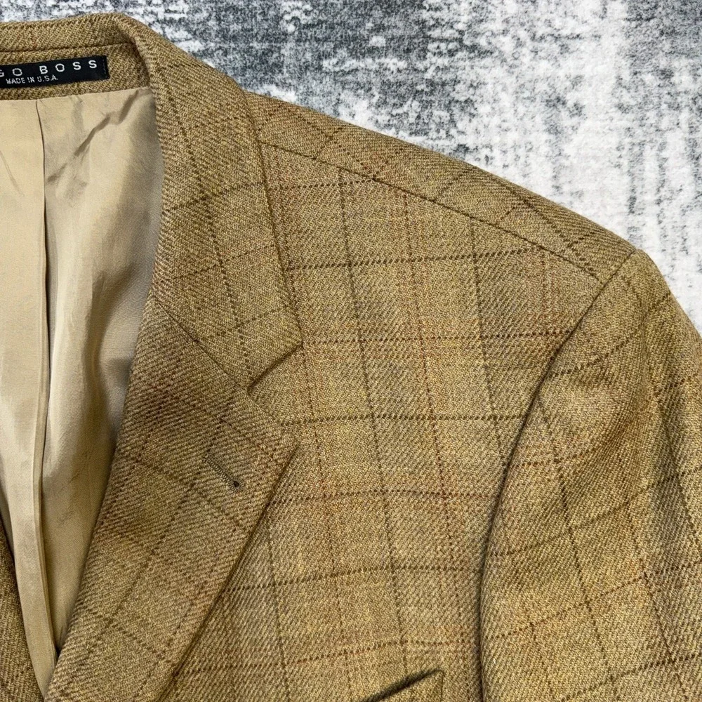 VTG Hugo BOSS Blazer Jacket Men 44L Brown Windowpane Cashmere Old Money Academia
